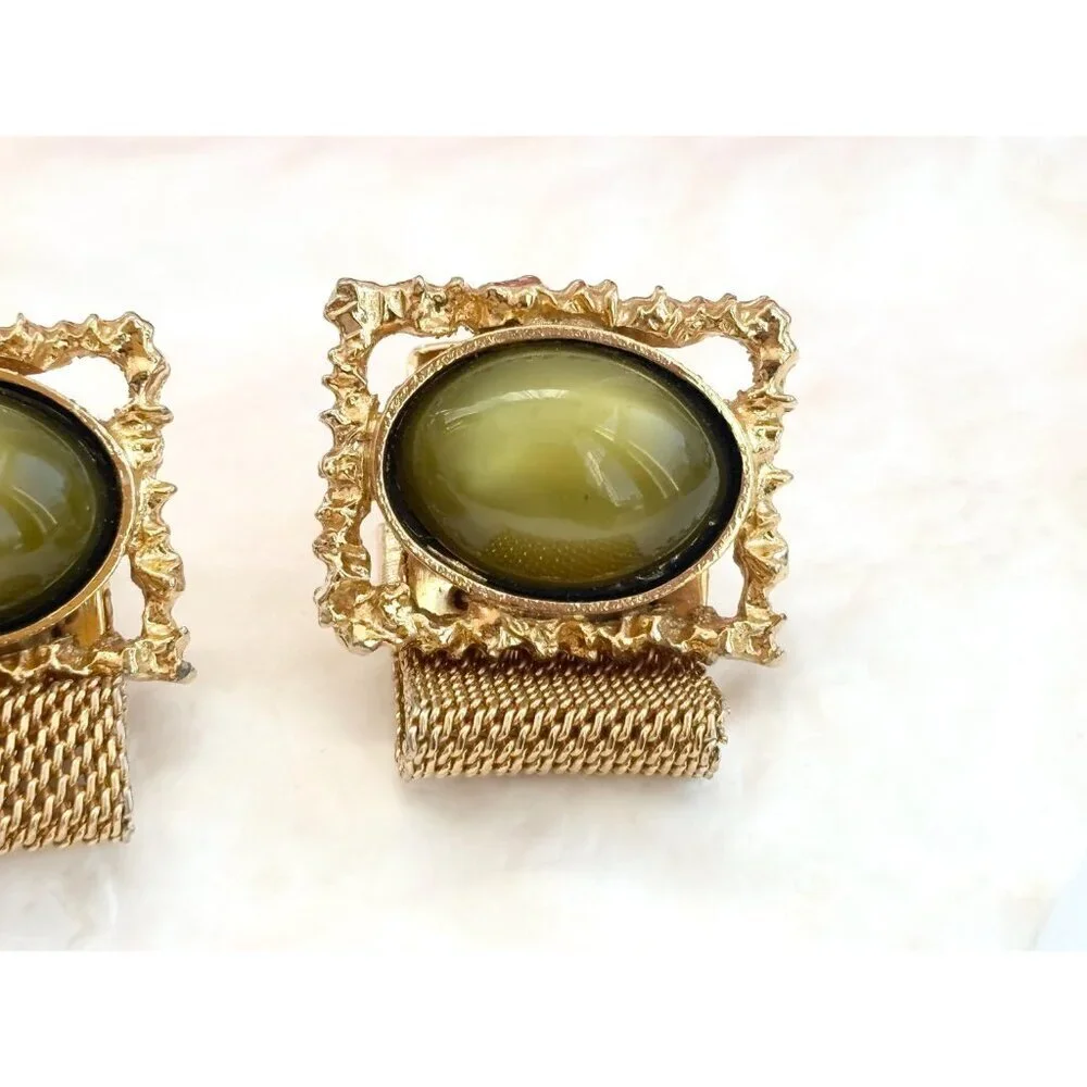 Green Thermoset Midcentury Mesh Wrap Gold Toned Square Vintage Cufflinks